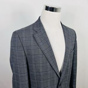 Nautica 42R Sport Coat Gray Blue Plaid Two Button Double Vented Polyester Blend